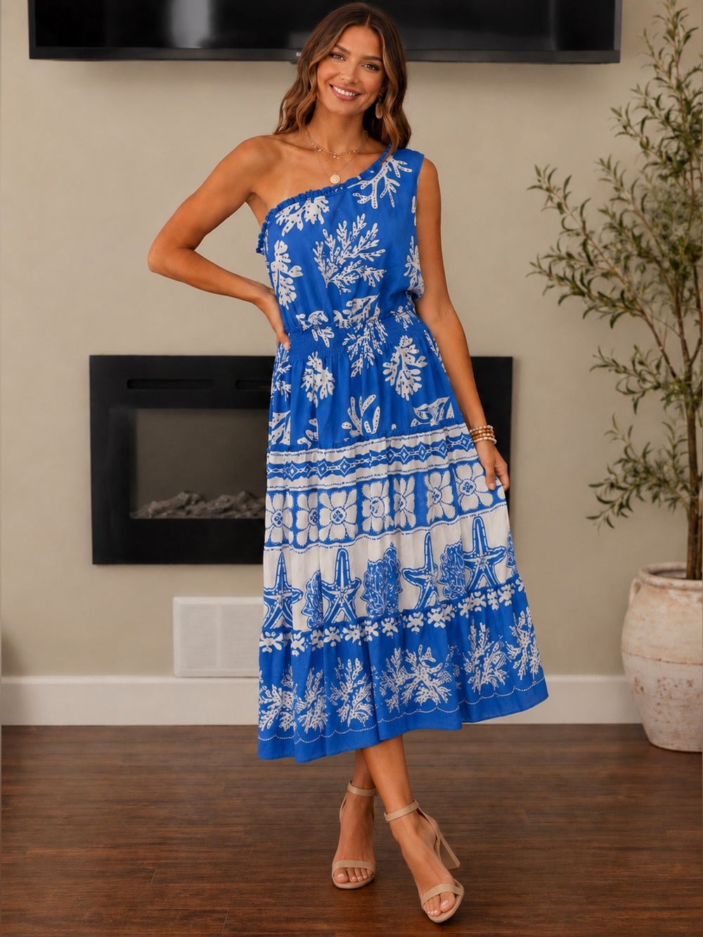 💕Taylor One-Shoulder Blue Floral Maxi Dress Size 10/L